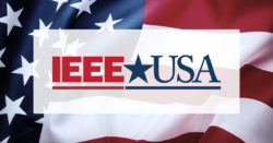 US Flag with IEEE-USA logo in front of it.